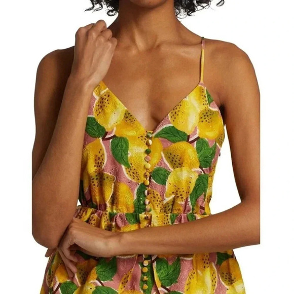 NWT Farm Rio Fresh Lemons Ruffle Peplum Linen Blend Fruits Midi Dress Size XS - Picture 9 of 12